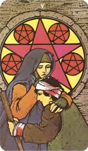 The Five of Pentacles from the Morgan Greer Tarot at www.BohemianPathTarot.wordpress.com