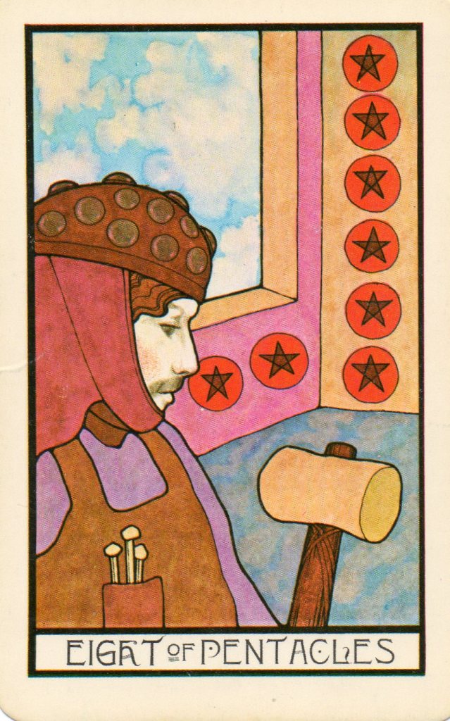 The Eight of Pentacles from the Aquarian Tarot at www.BohemianPathTarot.com