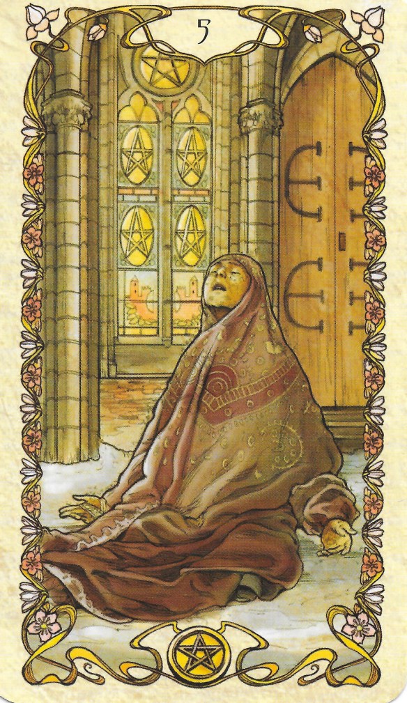 The Five of Pentacles from the Mucha Tarot