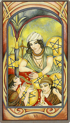 The Six of Pentacles from the Fenestra Tarot