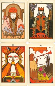 Four Major Arcana from the The Emperor, Justice, The Sun, and Judgment from the <a target="_blank" href="https://www.amazon.com/gp/product/0913866695/ref=as_li_tl?ie=UTF8&camp=1789&creative=9325&creativeASIN=0913866695&linkCode=as2&tag=bohem04-20&linkId=b90da56e27529d9d4e347ed1e96be37e">Aquarian Tarot</a><img src="//ir-na.amazon-adsystem.com/e/ir?t=bohem04-20&l=am2&o=1&a=0913866695" width="1" height="1" border="0" alt="" style="border:none !important; margin:0px !important;" /> at www.BohemianPathTarot.com